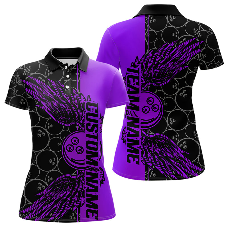 Black And Purple Custom Bowling Ball And Wings Bowling Polo Shirts For Women, Team Uniform IPHW8693