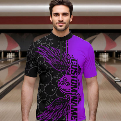 Black And Purple Custom Bowling Ball And Wings Bowling Quarter-Zip Shirts For Men, Team Uniform IPHW8693