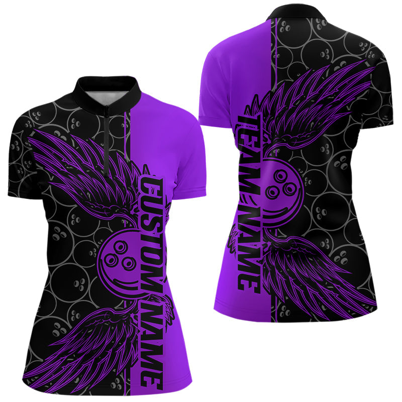 Black And Purple Custom Bowling Ball And Wings Womens Quarter-Zip Shirts, Team Uniform IPHW8693