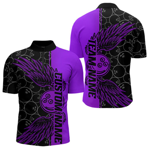 Black And Purple Custom Bowling Ball And Wings Bowling Quarter-Zip Shirts For Men, Team Uniform IPHW8693
