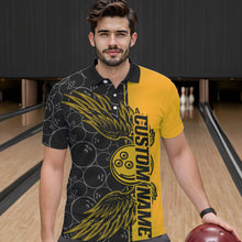 Load image into Gallery viewer, Black And Yellow Custom Bowling Ball And Wings Bowling Polo Shirts For Men, Team Uniform IPHW8694