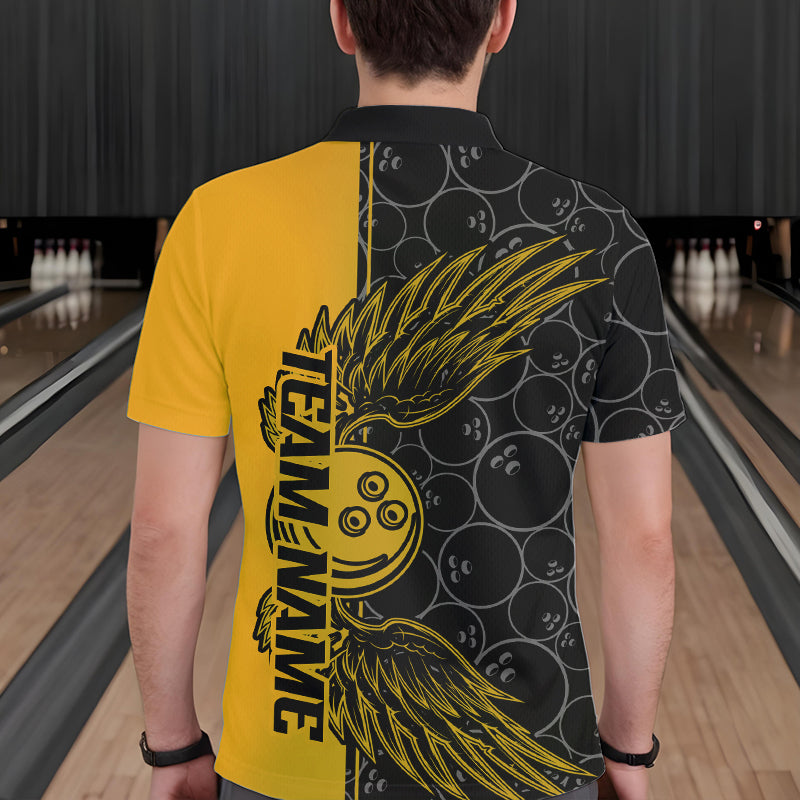 Black And Yellow Custom Bowling Ball And Wings Bowling Polo Shirts For Men, Team Uniform IPHW8694