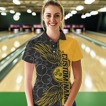 Load image into Gallery viewer, Black And Yellow Custom Bowling Ball And Wings Bowling Polo Shirts For Women, Team Uniform IPHW8694