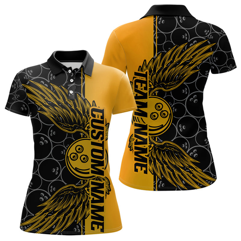 Black And Yellow Custom Bowling Ball And Wings Bowling Polo Shirts For Women, Team Uniform IPHW8694