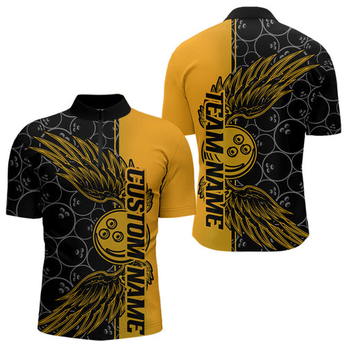 Black And Yellow Custom Bowling Ball And Wings Bowling Quarter-Zip Shirts For Men, Team Uniform IPHW8694