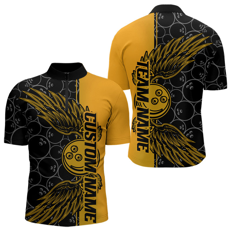 Black And Yellow Custom Bowling Ball And Wings Bowling Quarter-Zip Shirts For Men, Team Uniform IPHW8694