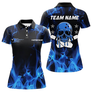 Custom Blue Flame Skull Bowling Team Shirts, Bowling Polo/ Quarter-Zip Shirts For Women IPHW6179