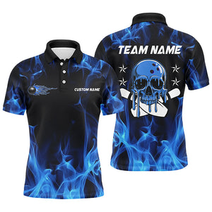 Custom Blue Flame Skull Bowling Team Shirts, Bowling Polo/ Quarter-Zip Shirts For Men And Women IPHW6179