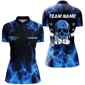 Custom Blue Flame Skull Bowling Team Shirts, Bowling Polo/ Quarter-Zip Shirts For Women IPHW6179