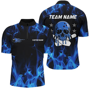 Custom Blue Flame Skull Bowling Team Shirts, Bowling Polo/ Quarter-Zip Shirts For Men And Women IPHW6179