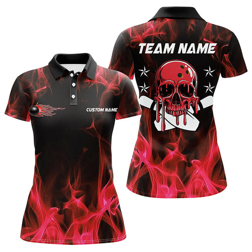 Custom Red Flame Skull Bowling Team Shirts, Bowling Polo/ Quarter-Zip Shirts For Women IPHW6180