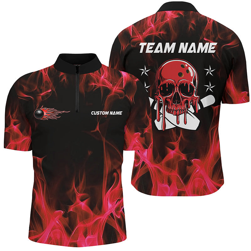 Custom Red Flame Skull Bowling Team Shirts, Bowling Polo/ Quarter-Zip Shirts For Men And Women IPHW6180