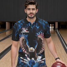 Load image into Gallery viewer, Personalized Blue Flame US Eagle Bowling Men Polo Shirts, Patriotic Bowling League Shirt IPHW8935
