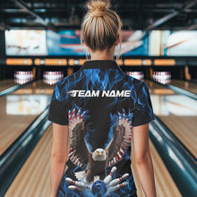 Load image into Gallery viewer, Personalized Blue Flame US Eagle Bowling Women Polo Shirts, Patriotic Bowling League Shirt IPHW8935