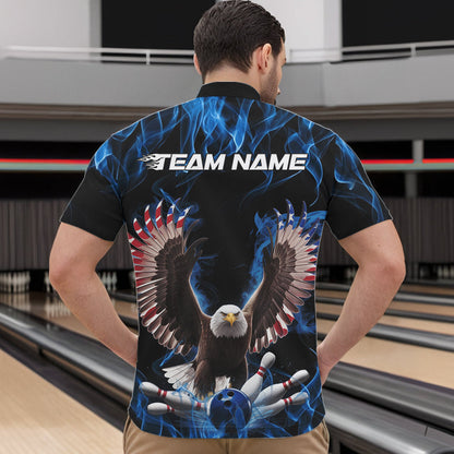 Personalized Blue Flame US Eagle Bowling Men Quarter-Zip Shirts, Patriotic Bowling League Shirt IPHW8935