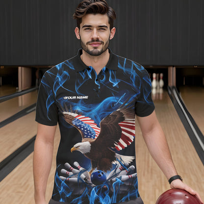 Custom Blue Flame US Eagle Bowling Men Polo Shirts, American Patriotic Bowling League Shirt IPHW8936