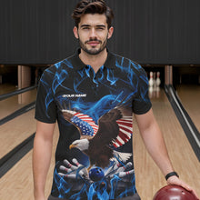 Load image into Gallery viewer, Custom Blue Flame US Eagle Bowling Men Polo Shirts, American Patriotic Bowling League Shirt IPHW8936