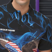 Load image into Gallery viewer, Custom Blue Flame US Eagle Bowling Men Polo Shirts, American Patriotic Bowling League Shirt IPHW8936