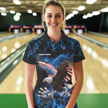 Load image into Gallery viewer, Custom Blue Flame US Eagle Bowling Women Polo Shirt, Patriotic Bowling League Shirt IPHW8936