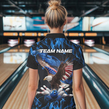 Load image into Gallery viewer, Custom Blue Flame US Eagle Bowling Women Polo Shirt, Patriotic Bowling League Shirt IPHW8936