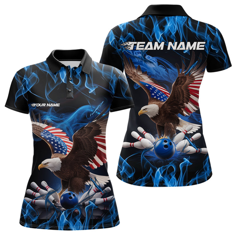 Custom Blue Flame US Eagle Bowling Women Polo Shirt, Patriotic Bowling League Shirt IPHW8936