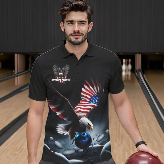 Custom American Flag Eagle Bowling Team Men Polo Shirts, Patriotic US Bowling League Shirt IPHW8937