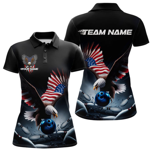 Custom American Flag Eagle Bowling Team Women Polo Shirt, Patriotic US Bowling League Shirt IPHW8937