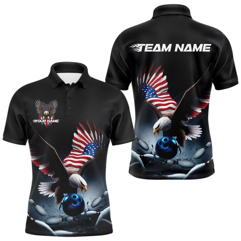 Custom American Flag Eagle Bowling Team Men Polo Shirts, Patriotic US Bowling League Shirt IPHW8937