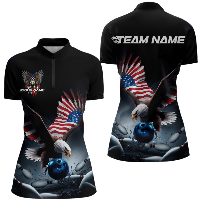Custom American Flag Eagle Bowling Team Women Quarter-Zip Shirt, Patriotic US Bowling Shirt IPHW8937