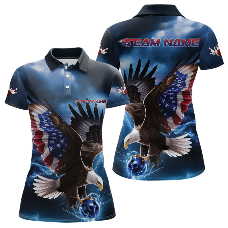 Custom Blue Lightning Patrotic Eagle Bowling Women Polo Shirt, US Flag Bowling Team Shirt IPHW8938
