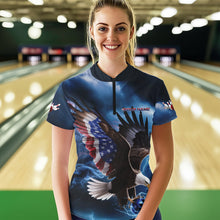 Load image into Gallery viewer, Custom Blue Lightning Patrotic Eagle Bowling Women Quarter-Zip Shirt, US Flag Bowling Shirt IPHW8938