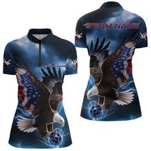 Load image into Gallery viewer, Custom Blue Lightning Patrotic Eagle Bowling Women Quarter-Zip Shirt, US Flag Bowling Shirt IPHW8938