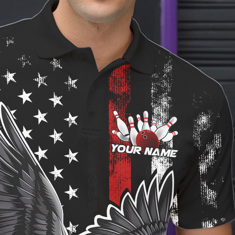 Custom Red Line American Flag Eagle Bowling Men Polo Shirt, Patriotic US Bowling Shirt IPHW8939