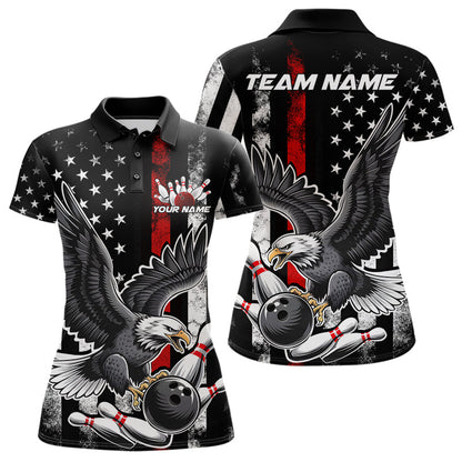 Custom Red Line American Flag Eagle Bowling Women Polo Shirt, Patriotic US Bowling Shirt IPHW8939