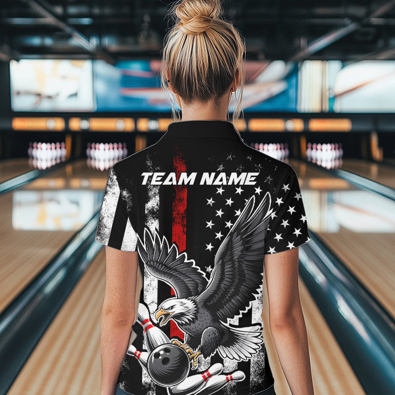 Custom Red Line American Flag Eagle Bowling Women Quarter-Zip Shirt, Patriotic Bowling IPHW8939