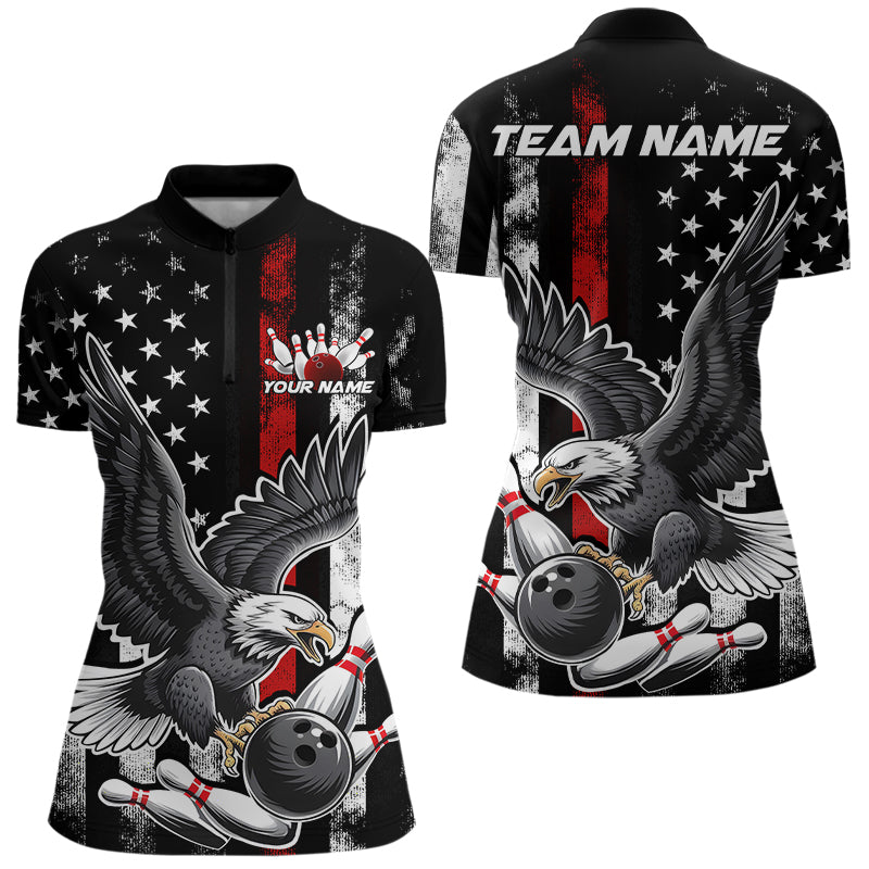 Custom Red Line American Flag Eagle Bowling Women Quarter-Zip Shirt, Patriotic Bowling IPHW8939
