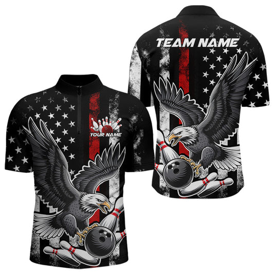 Custom Red Line American Flag Eagle Bowling Men Quarter-Zip Shirt, Patriotic US Bowling Shirt IPHW8939