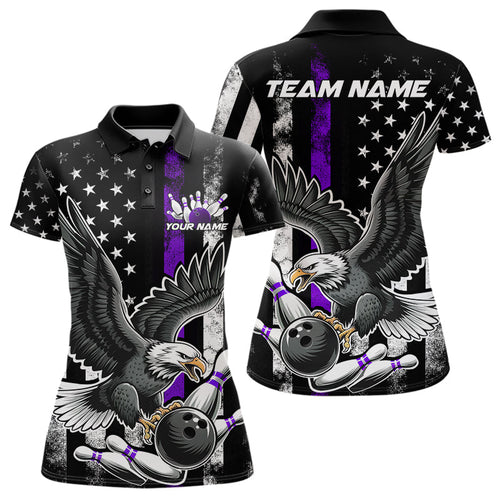 Custom Purple Line American Flag Eagle Bowling Women Polo Shirt, Patriotic US Bowling Shirt IPHW8940