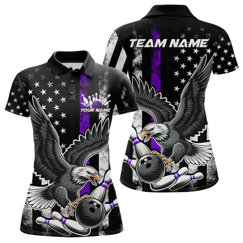 Custom Purple Line American Flag Eagle Bowling Women Polo Shirt, Patriotic US Bowling Shirt IPHW8940