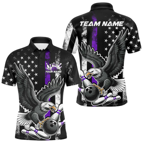 Custom Purple Line American Flag Eagle Bowling Men Polo Shirt, Patriotic US Bowling Shirt IPHW8940