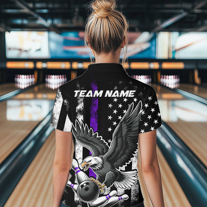 Custom Purple Line American Flag Eagle Bowling Women Quarter-Zip Shirt, Patriotic Bowling IPHW8940