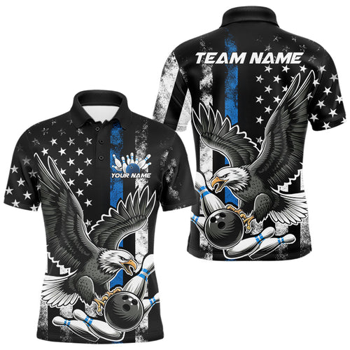 Custom Blue Line American Flag Eagle Bowling Men Polo Shirt, Patriotic US Bowling Shirt IPHW8941