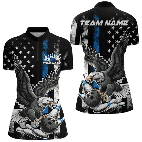 Custom Blue Line American Flag Eagle Bowling Women Quarter-Zip Shirt, Patriotic Bowling IPHW8941
