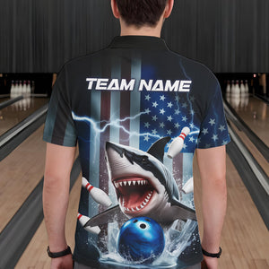 Custom American Flag Shark Bowling Men Polo Shirt, Patriotic Shark Bowling Jerseys IPHW8944