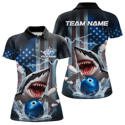 Custom American Flag Shark Bowling Women Polo Shirt, Patriotic Shark Bowling Jerseys IPHW8944
