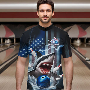 Custom American Flag Shark Bowling Men Quarter-Zip Shirt, Patriotic Shark Bowling Jerseys IPHW8944