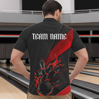 Custom Black And Red Flame Duckpin Bowling Team Men Quarter-Zip Shirts, Duckpin Tournament Outfit IPHW8945