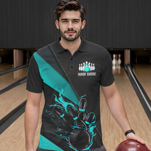 Load image into Gallery viewer, Custom Black And Blue Flame Duckpin Bowling Team Men Polo Shirts, Duckpin Tournament Outfit IPHW8946