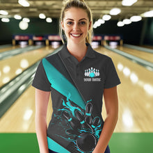 Load image into Gallery viewer, Custom Black And Blue Flame Duckpin Bowling Team Women Polo Shirt,Bowling Tournament Outfit IPHW8946