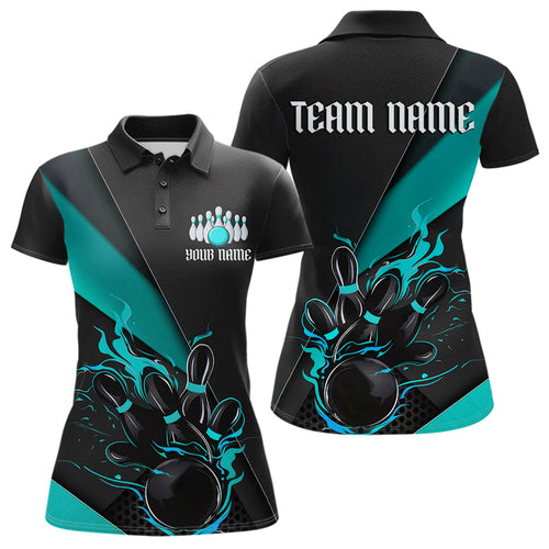 Custom Black And Blue Flame Duckpin Bowling Team Women Polo Shirt,Bowling Tournament Outfit IPHW8946